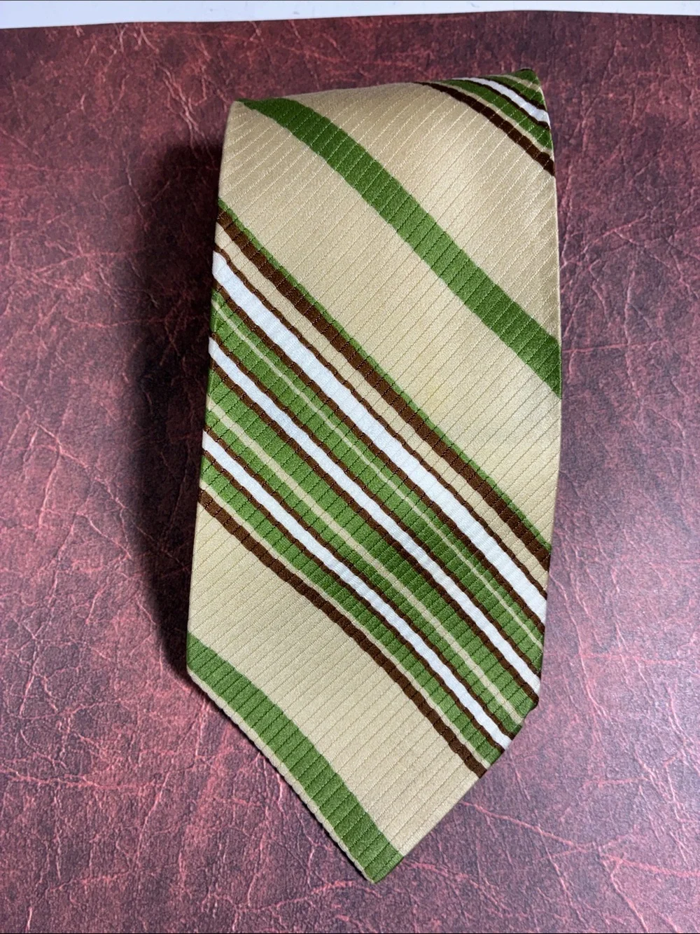 Beige Tie with Green and Brown Stripes - Men's Neckwear